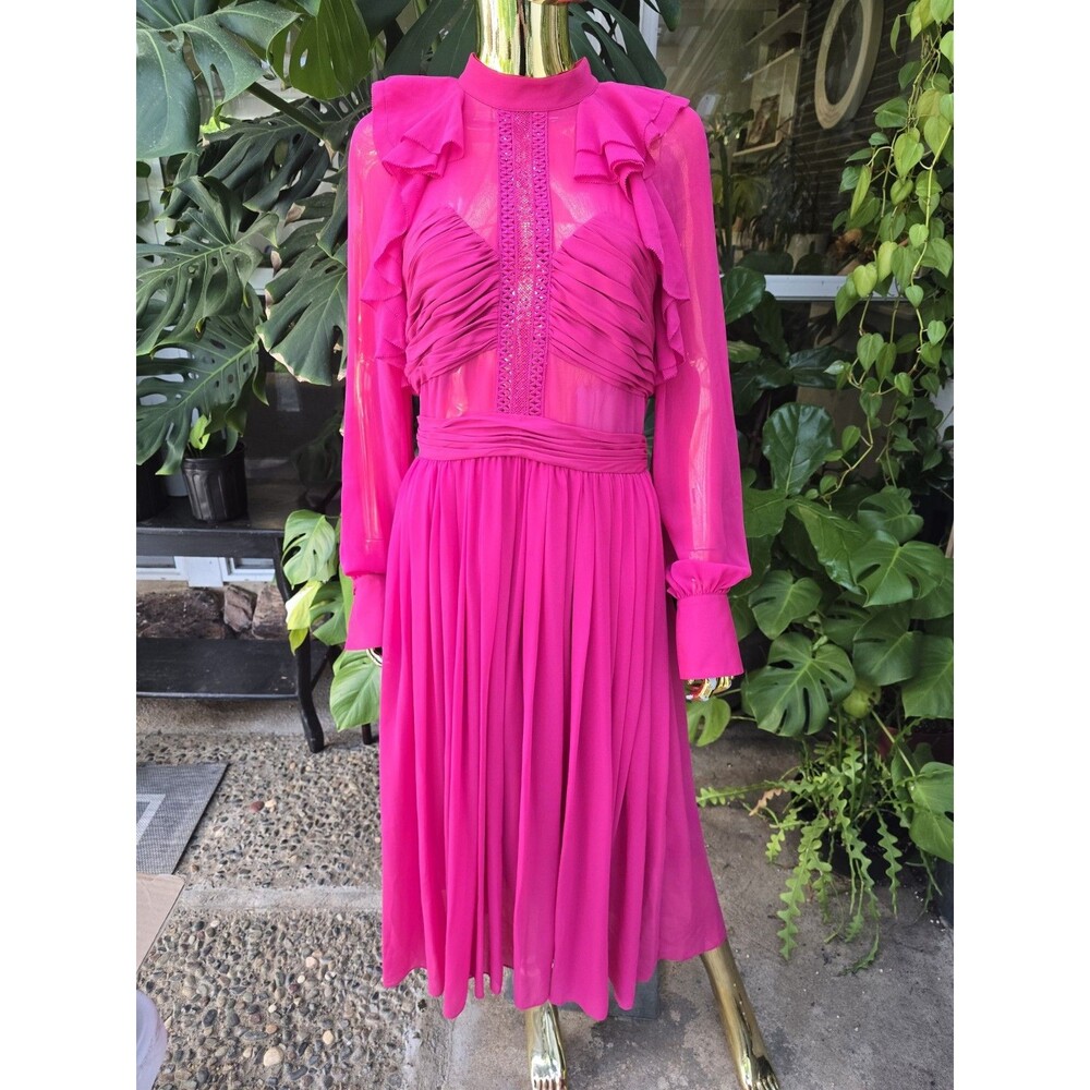Self-Portrait Fuchsia Pink Chiffon Ruffle Lace Midi Dress Long Sleeve US 8 UK 12 - Picture 2 of 12